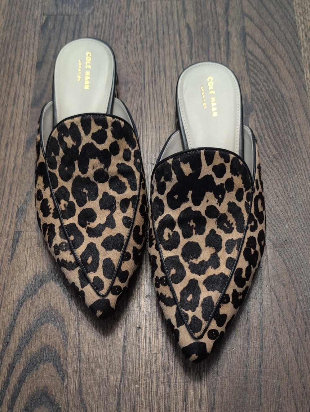 Cole Haan Calf Hair Leopard-Print Pointed Mule in Tan and Black NWOT